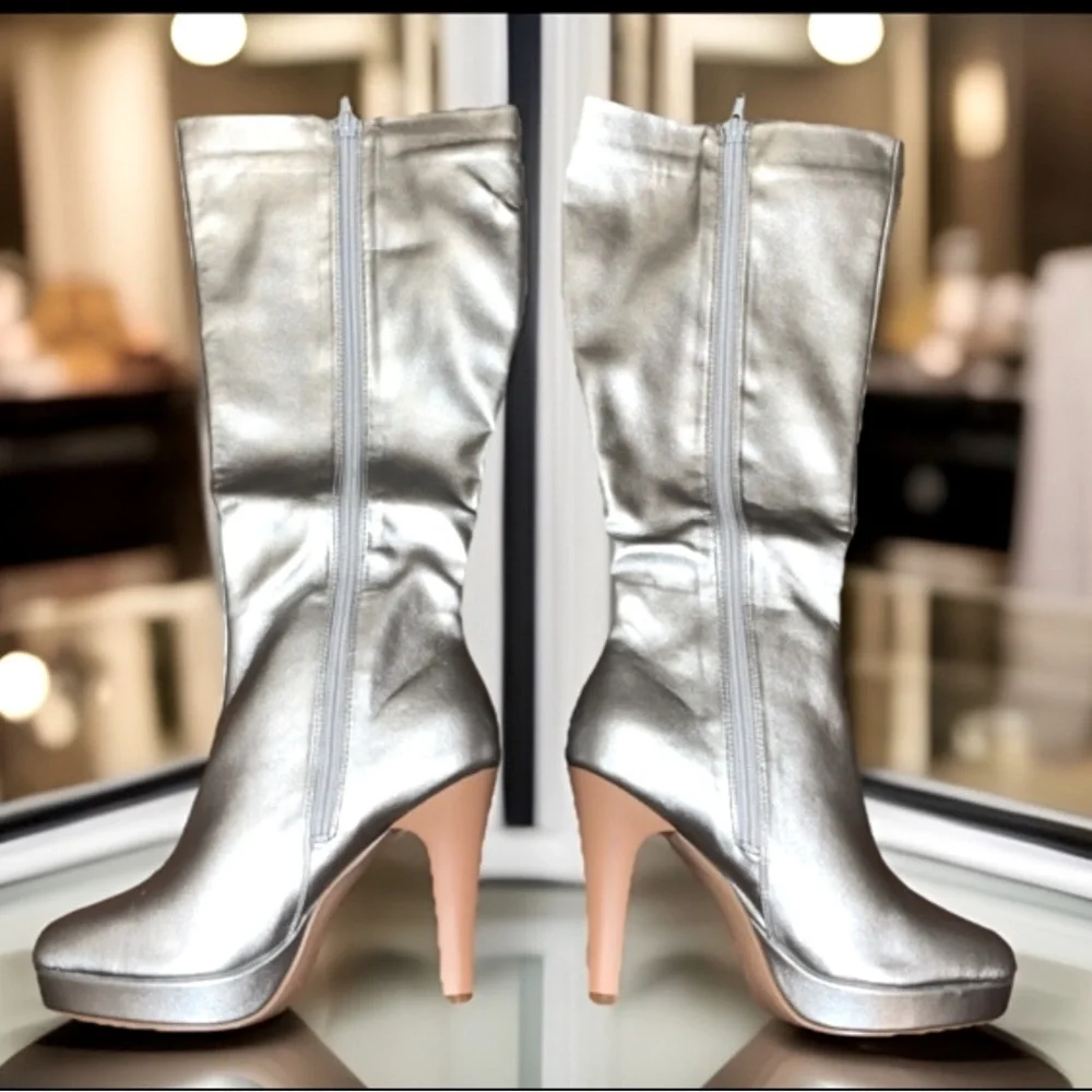 Women's Shiny Silver Round Toe Stiletto High Heels Knee High Boots With Zippers